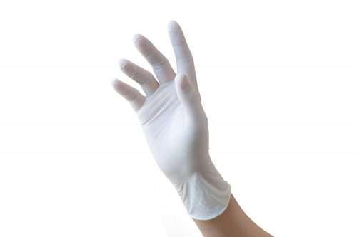 Hand,Wearing,Rubber,Glove,On,White,Background